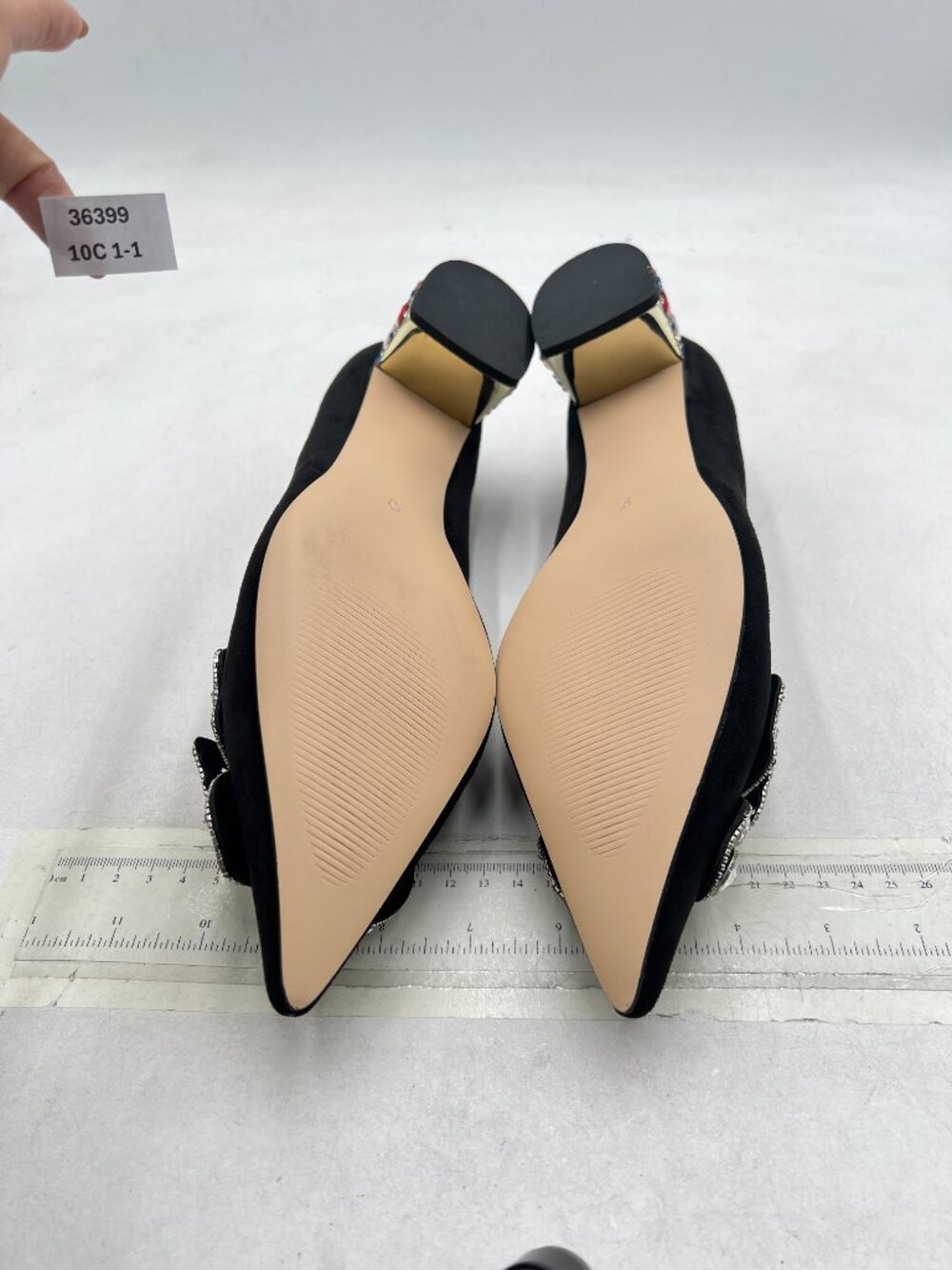 YDN Black Suede Butterfly Pointed Toe Bow Pumps Block Low Heel Dance Shoes - Picture 7 of 8
